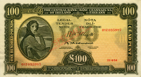 Central Bank of Ireland 100 Pounds 1954. Mc Elligott, Redmond