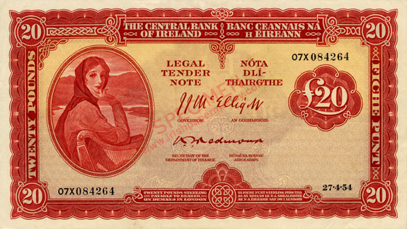 Central Bank of Ireland 20 Pounds 1954. Mc Elligott, Redmond