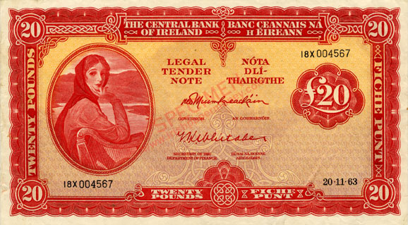Central Bank of Ireland 20 Pounds 1963