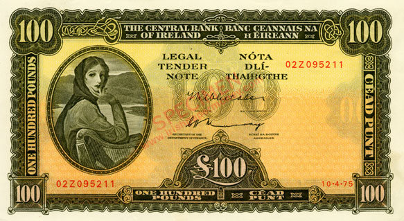 Central Bank of Ireland 100 Pounds 1975 sans-serif
