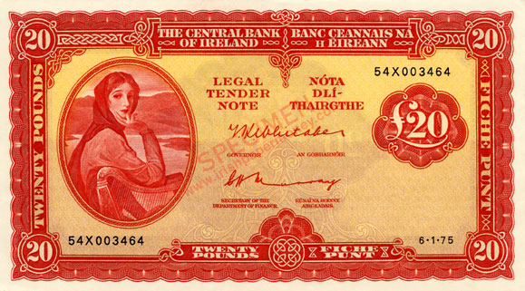 Ireland Twenty Pounds 1975. Whitaker, Murray