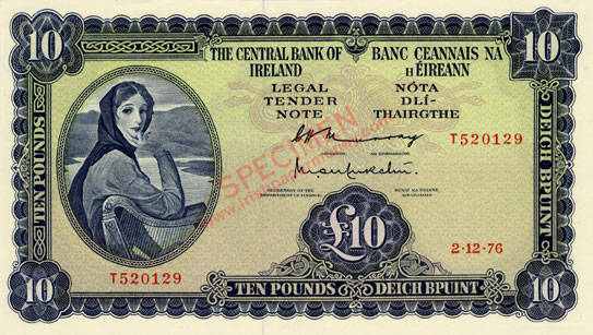 Central Bank of Ireland Ten Pounds 1976 T replacement note