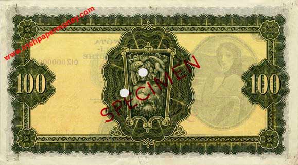 Central Bank of Ireland One hundred Pounds Specimen 1961 reverse