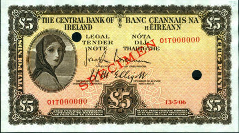 Central Bank of Ireland Five Pounds Specimen 1945