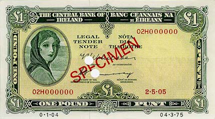 Central Bank of Ireland One Pound Specimen 1971-1974