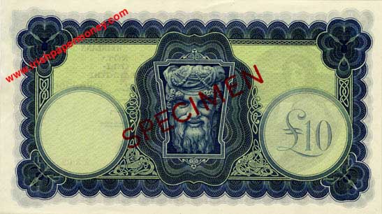 Central Bank of Ireland Ten Pounds Specimen 1962 reverse