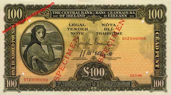 Central Bank of Ireland One hundred Pounds Specimen 1943