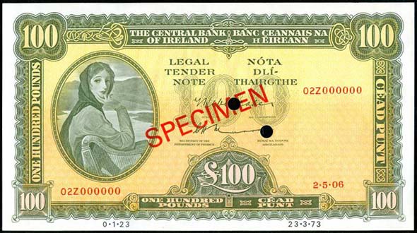 Central Bank of Ireland One hundred Pounds Specimen 1973