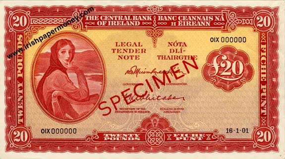 Central Bank of Ireland 20 Pounds Specimen 1962