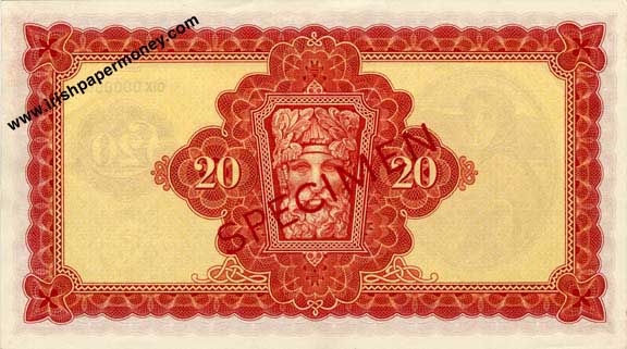 Central Bank of Ireland 20 Pounds Specimen 1962 reverse