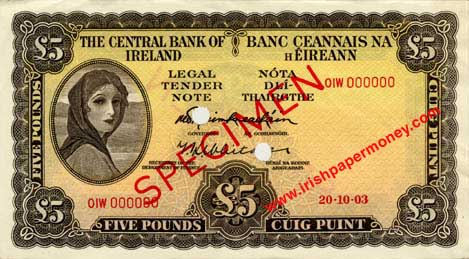 Central Bank of Ireland Five Pounds Specimen 1961