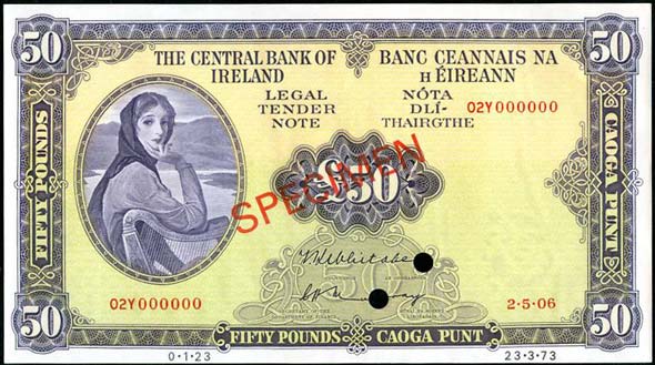 Central Bank of Ireland Fifty Pounds Specimen 1973