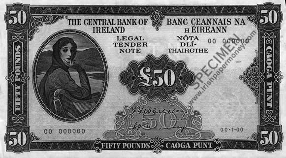 Central Bank of Ireland Fifty Pounds Specimen 1975
