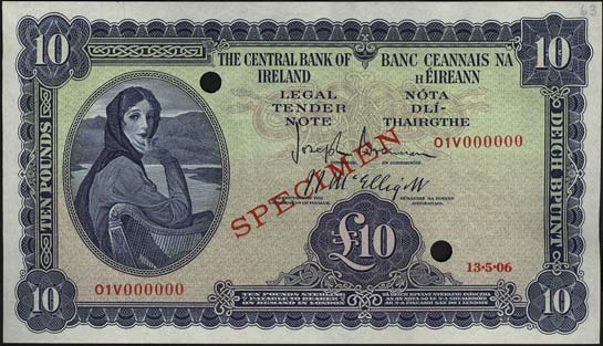 Central Bank of Ireland Ten Pounds Specimen 1945