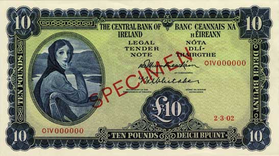 Central Bank of Ireland Ten Pounds Specimen 1962