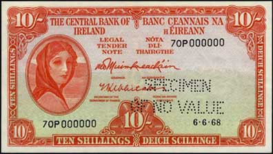 Central Bank of Ireland Ten Shillings Specimen 1968