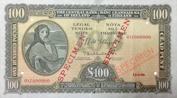 Central Bank of Ireland One hundred Pounds Specimen 1959 McElligott, Whitaker