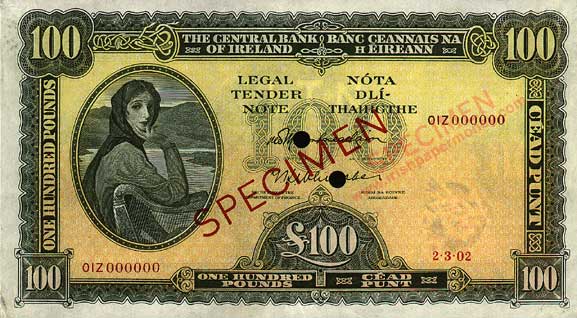 Central Bank of Ireland One hundred Pounds Specimen 1961