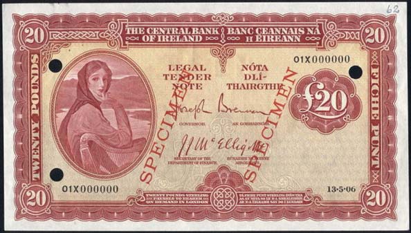 Central Bank of Ireland 20 Pounds Specimen 1945