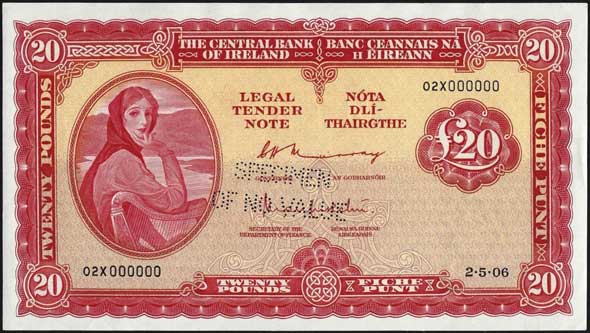 Central Bank of Ireland 20 Pounds Specimen 1976