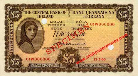 Central Bank of Ireland Five Pounds Specimen 1954