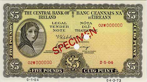 Central Bank of Ireland Five Pounds Specimen 1971