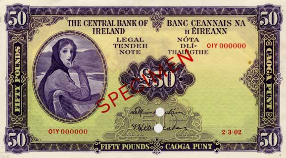 Central Bank of Ireland Fifty Pounds Specimen 1962