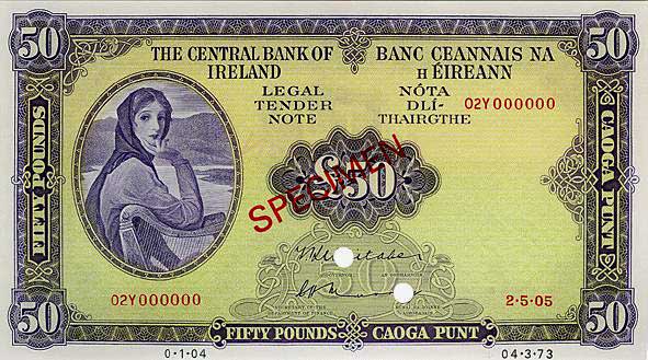 Central Bank of Ireland 50 Pounds Specimen 1973