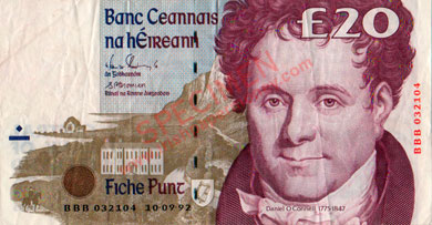 Central Bank of Ireland 20 Pounds 1992. BBB replacement note