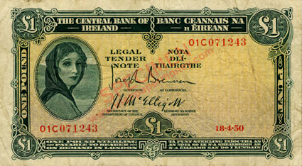 Central Bank of Ireland One pound 1950. Brennan, Mc Elligott signatures