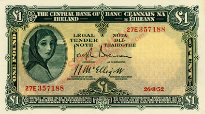 Central Bank of Ireland One pound 1952. Brennan, Mc Elligott