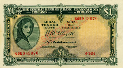 Central Bank of Ireland One pound 1954. Mc Elligott, Redmond