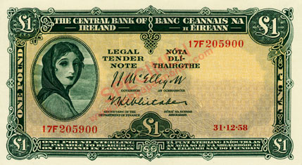 Central Bank of Ireland One pound 1958. Mc Elligott, Whitaker