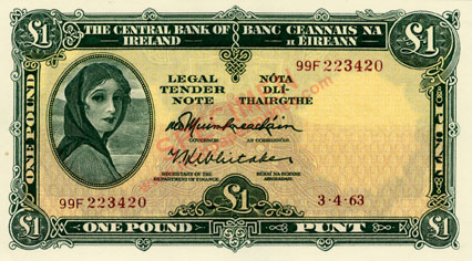 Central Bank of Ireland One pound 1963. O'Muimhneachain, Whitaker