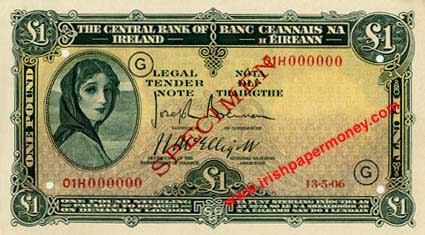 Central Bank of Ireland Ten Shillings Specimen 1943