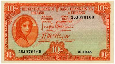 Central Bank of Ireland Ten shillings 1946. Brennan, Mc Elligott signatures