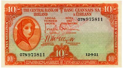 Central Bank of Ireland Ten shillings 1951. Brennan, Mc Elligott