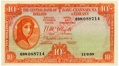 Central Bank of Ireland 10 Shillings 1957. Mc Elligott, Whitake