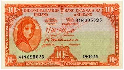 Central Bank of Ireland Ten shillings 1955. Mc Elligott, Redmond