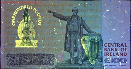 Reverse of Irish 100 Pound Parnell note showing UV features