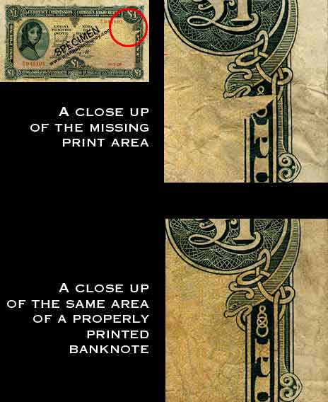 Central Bank of Ireland error banknote, missing print area on face