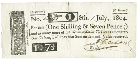F. Parsons, Ennis Chronicle Office, One shilling and seven pence halfpenny, July 1804