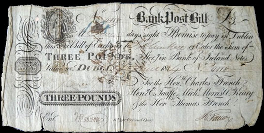 Ffrench's Bank Dublin 3 Pounds Post Bill 1st June 1814