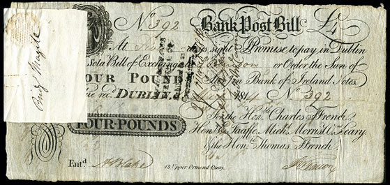Ffrench's Bank Dublin 4 Pounds Post Bill, dated 12 May 1814