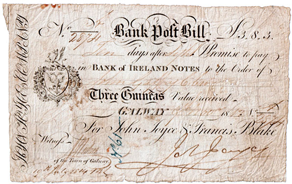 Joyce's Galway Bank. Post Bill, 3 Guineas 1812