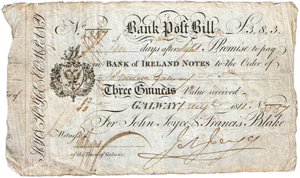 Galway Bank 3 Guineas. John Joyce Francis Blake 1811