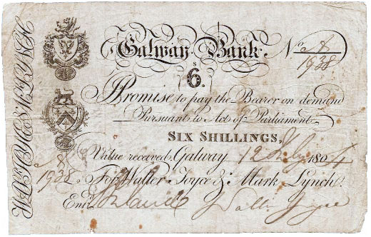Galway Bank Walter Joyce and Mark Lynch, 6 Shillings 1804