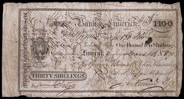 Maunsell's, Bank of Limerick, Thirty Shillings, 2 March 1816