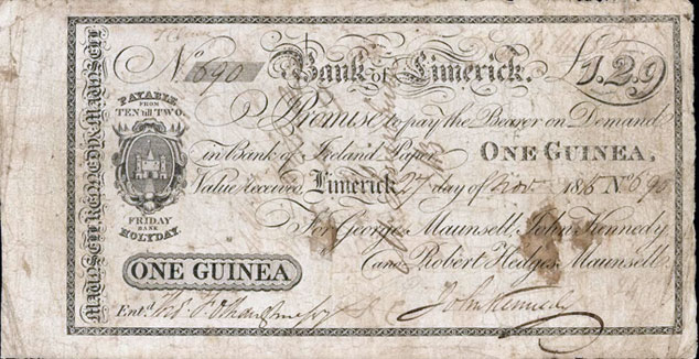 Bank of Limerick, Maunsell, One Guinea, 27 Nov 1815. George Maunsell, John Kennedy, Robert Hedges Maunsell