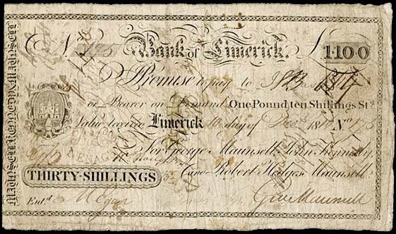 Maunsell's, 30 Shillings, Bank of Limerick, 10 Dec 1816